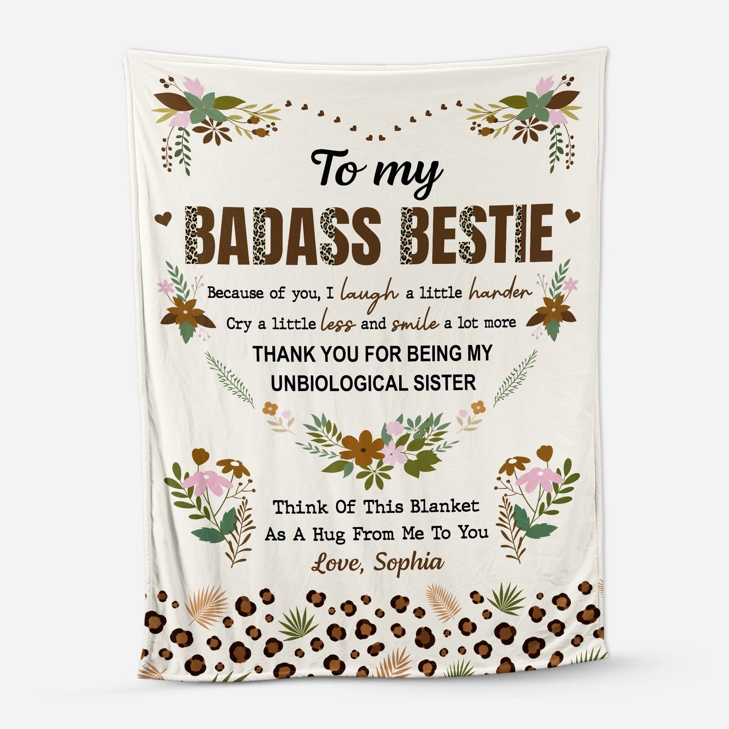 Personalized best friend blanket with To My Badass Bestie text and custom name print for sister
