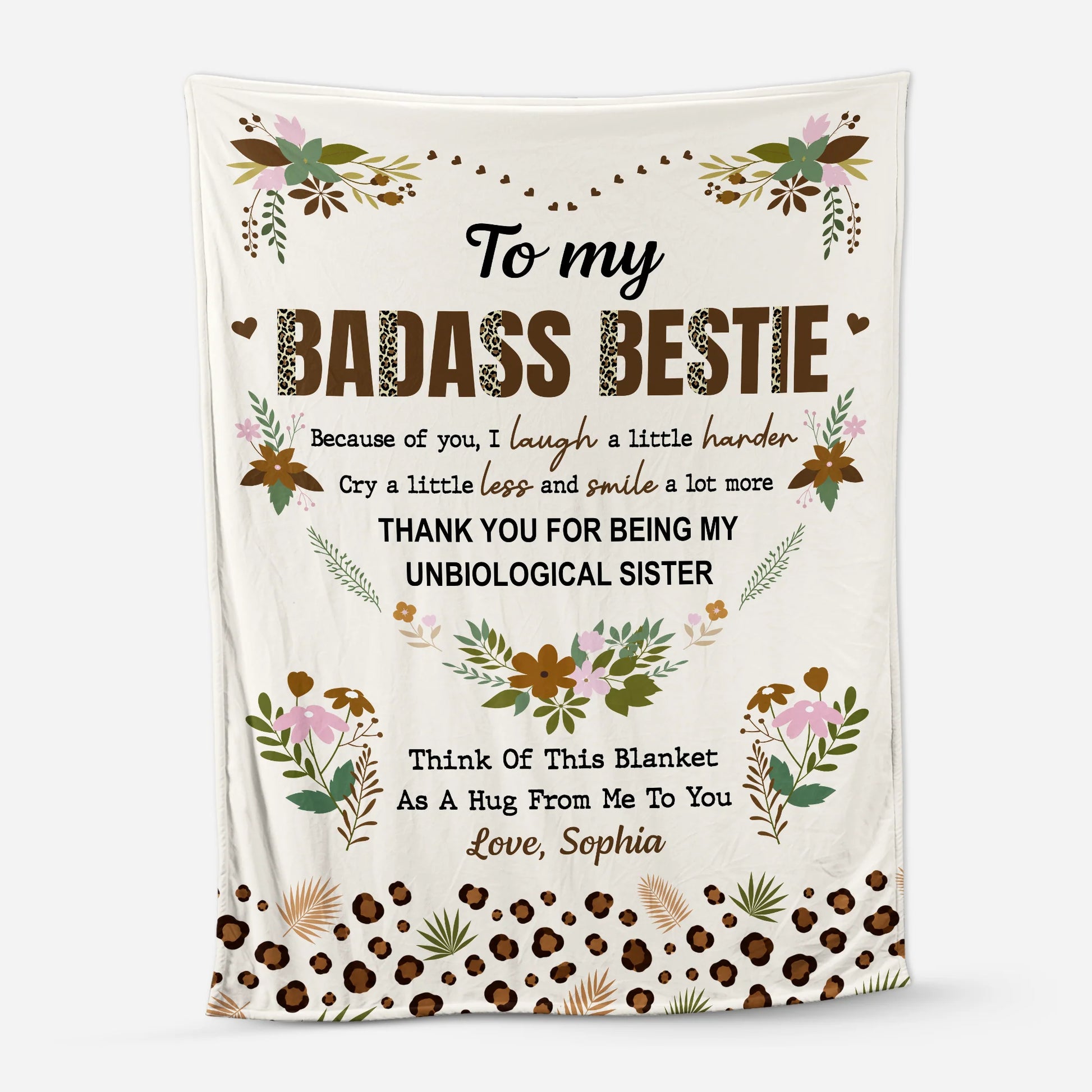 Personalized best friend blanket with To My Badass Bestie text and custom name print for sister