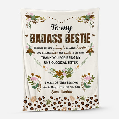 Personalized best friend blanket with To My Badass Bestie text and custom name print for sister