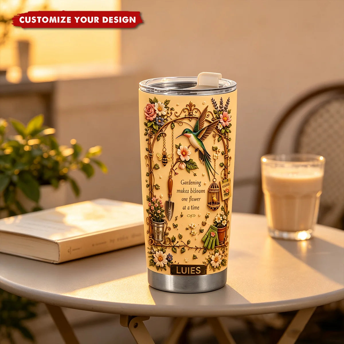 Gardening Makes Life Bloom Personalized Tumbler - Custom Hummingbird Floral Gift