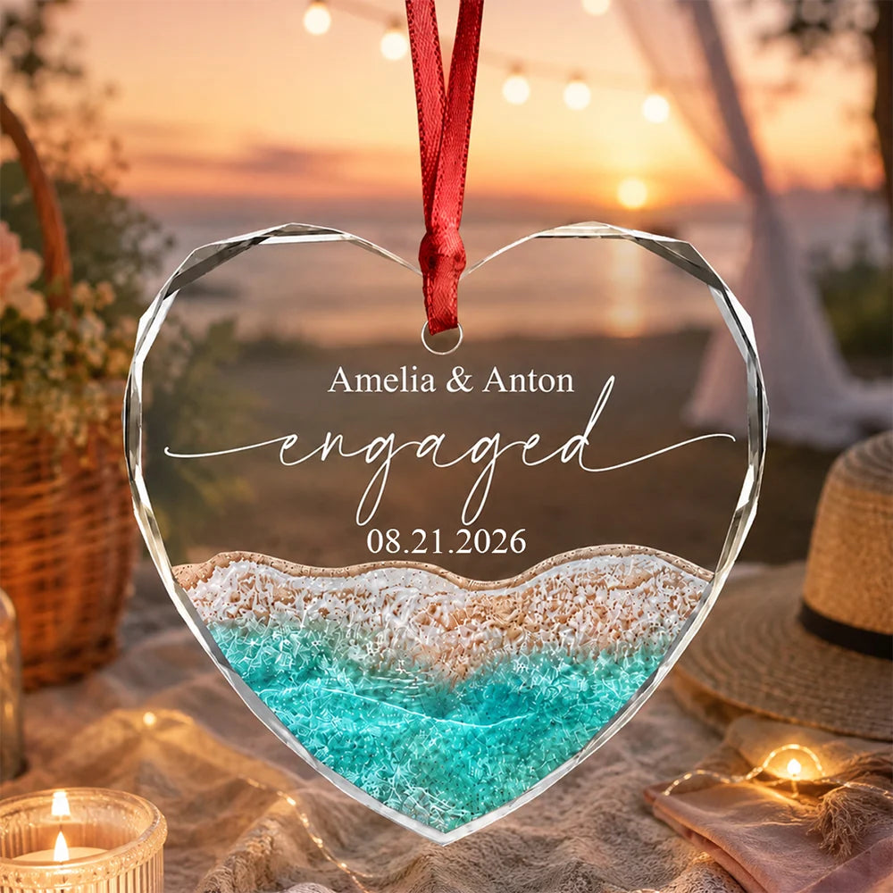 Married Engaged Beach Heart Glass Ornament - Personalized Wedding Keepsake Gift for Couples