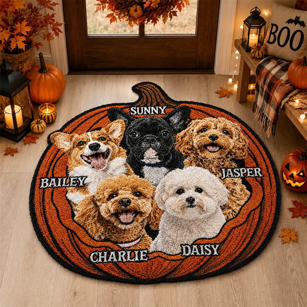 Personalized Dog Cat Halloween Pumpkin Shaped Doormat - Custom Pet Name Accent Mat
