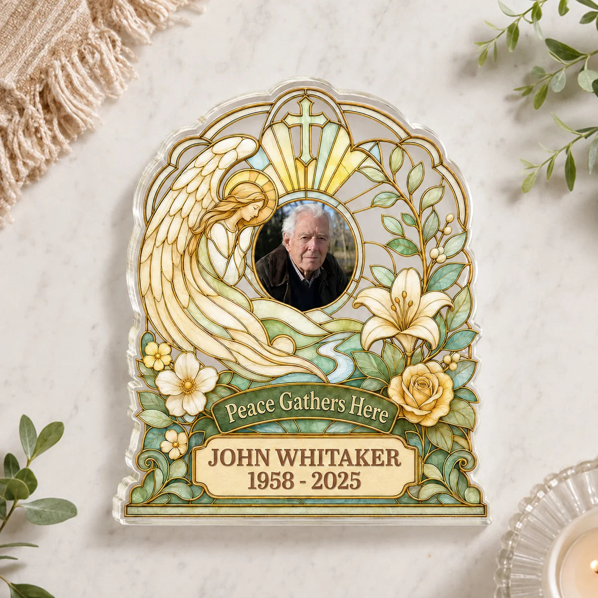 Peace Gathers Here Custom Memorial Plaque - Personalized Acrylic Angel Keepsake for Family