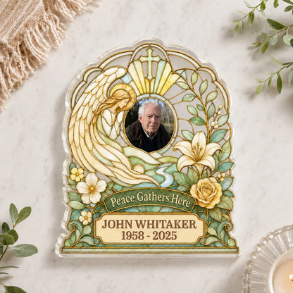 Peace Gathers Here Custom Memorial Plaque - Personalized Acrylic Angel Keepsake for Family