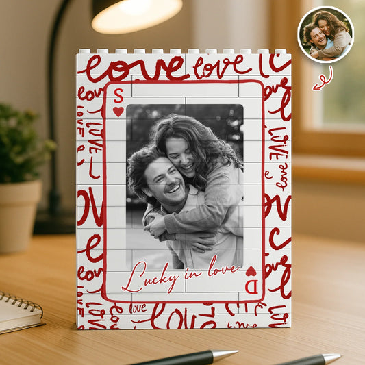 Custom photo building blocks puzzle featuring a couple with 'Lucky in love' text print - romantic anniversary gift