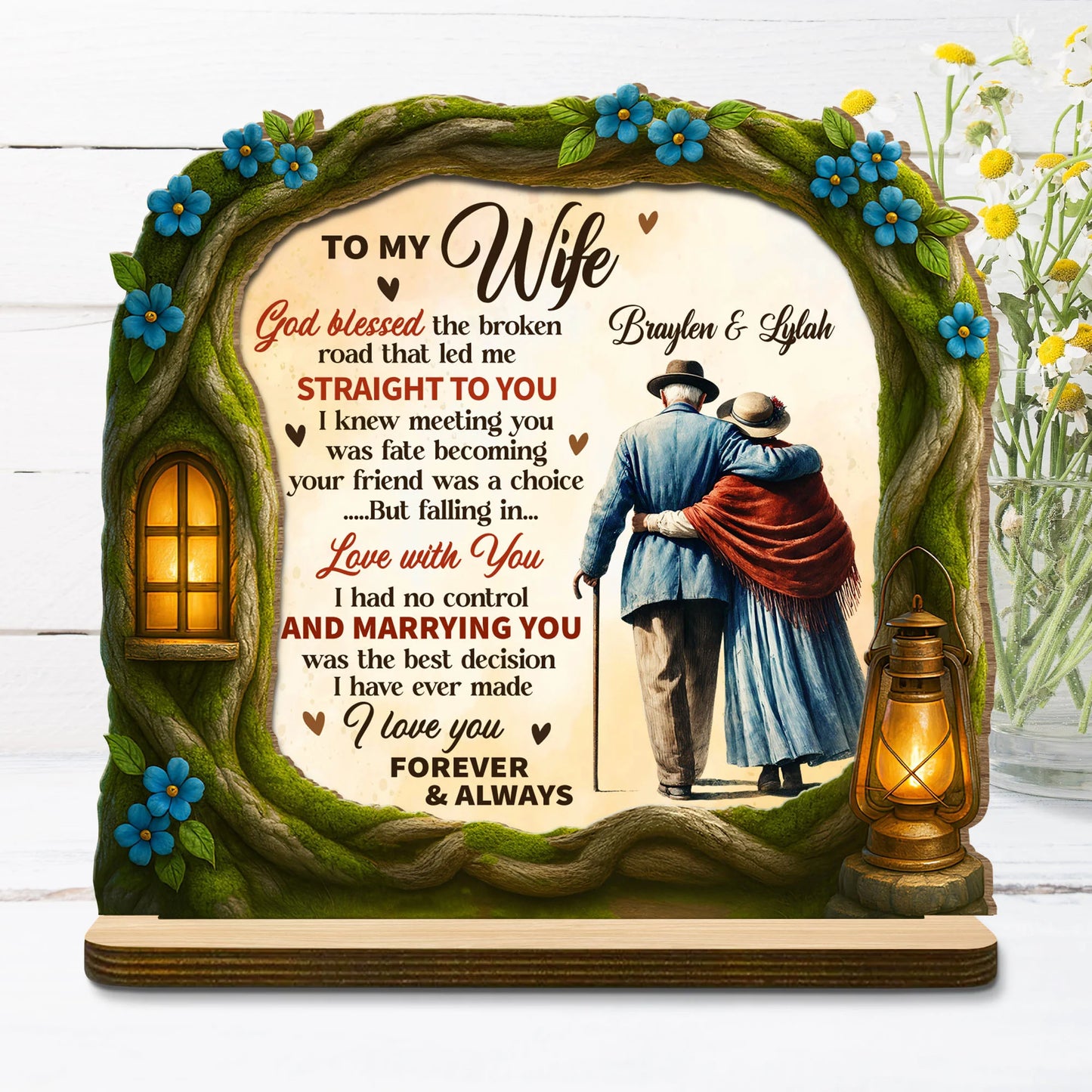 Personalized wife wood plaque with God Blessed The Broken Road quote and custom couple names image 6