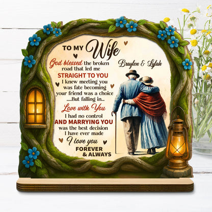 Personalized wife wood plaque with God Blessed The Broken Road quote and custom couple names image 6