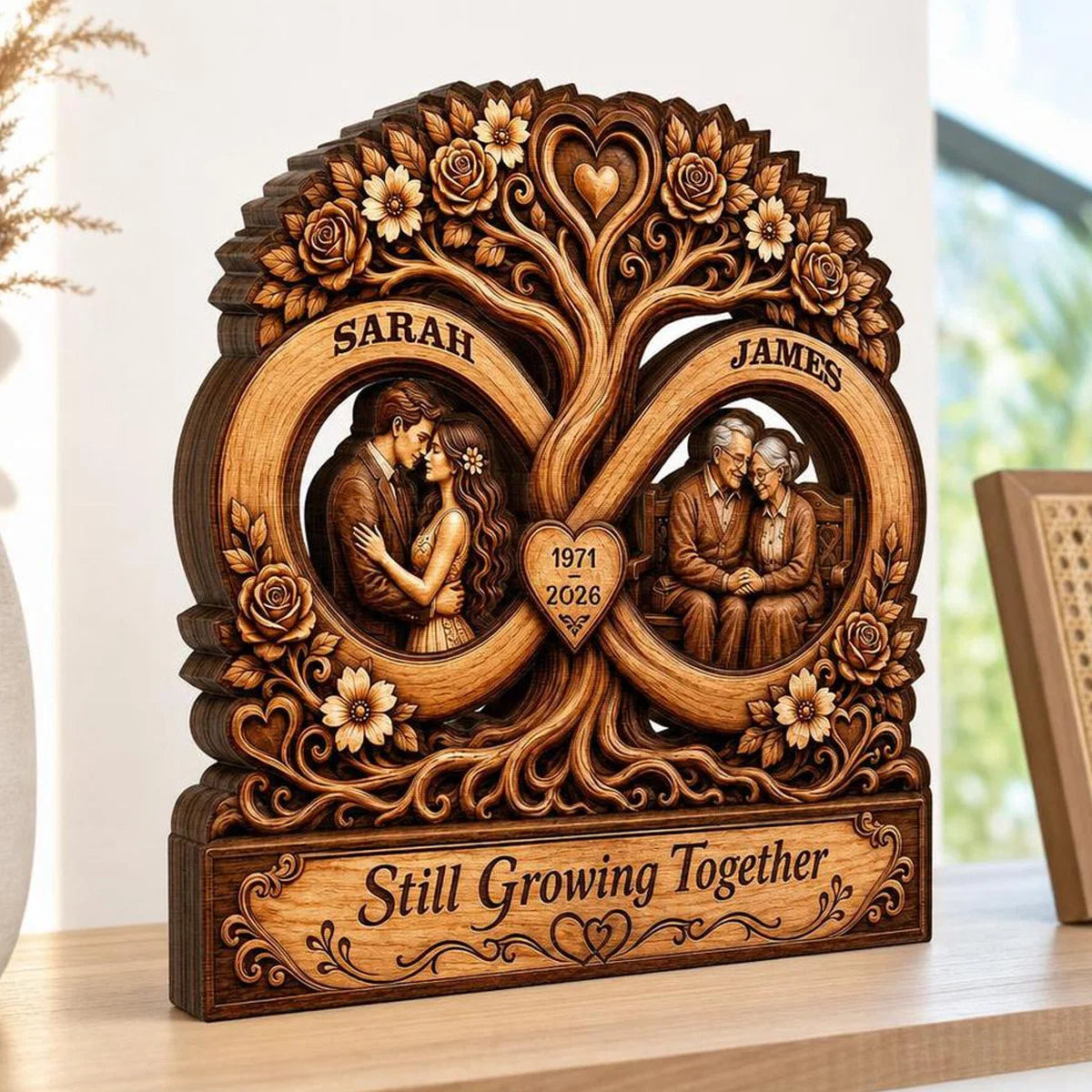 Still Growing Together Infinity Tree Personalized Wooden Block - Custom Couple Anniversary Gift Keepsake