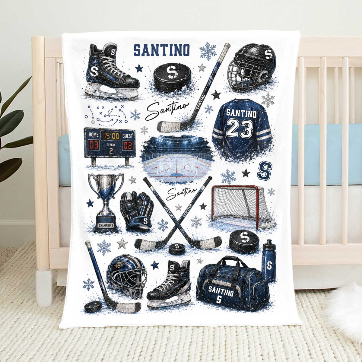 Personalized Hockey Baby Blanket with Name - Custom Ice Hockey Throw Blanket for Boys Nursery Decor & Toddler Gift