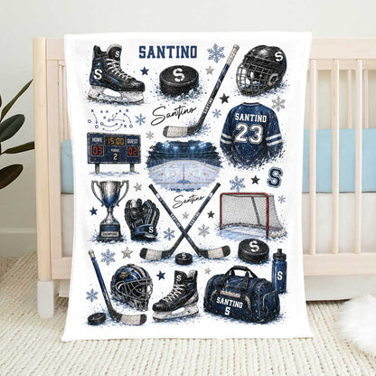 Personalized Hockey Baby Blanket with Name - Custom Ice Hockey Throw Blanket for Boys Nursery Decor & Toddler Gift