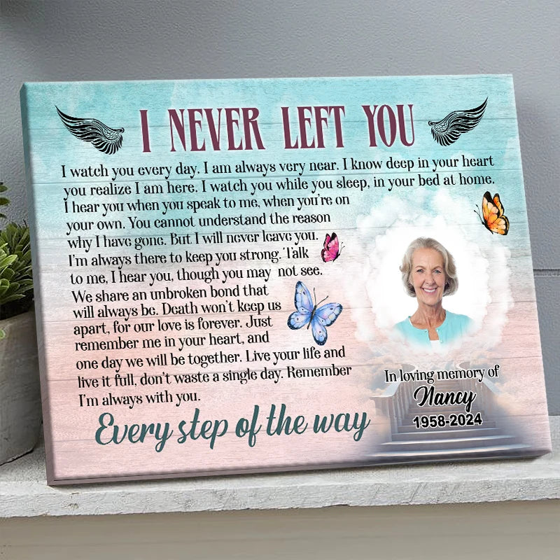 "I Never Left You" Personalized Photo Canvas / Poster - Custom Memorial Wall Art Keepsake for Family