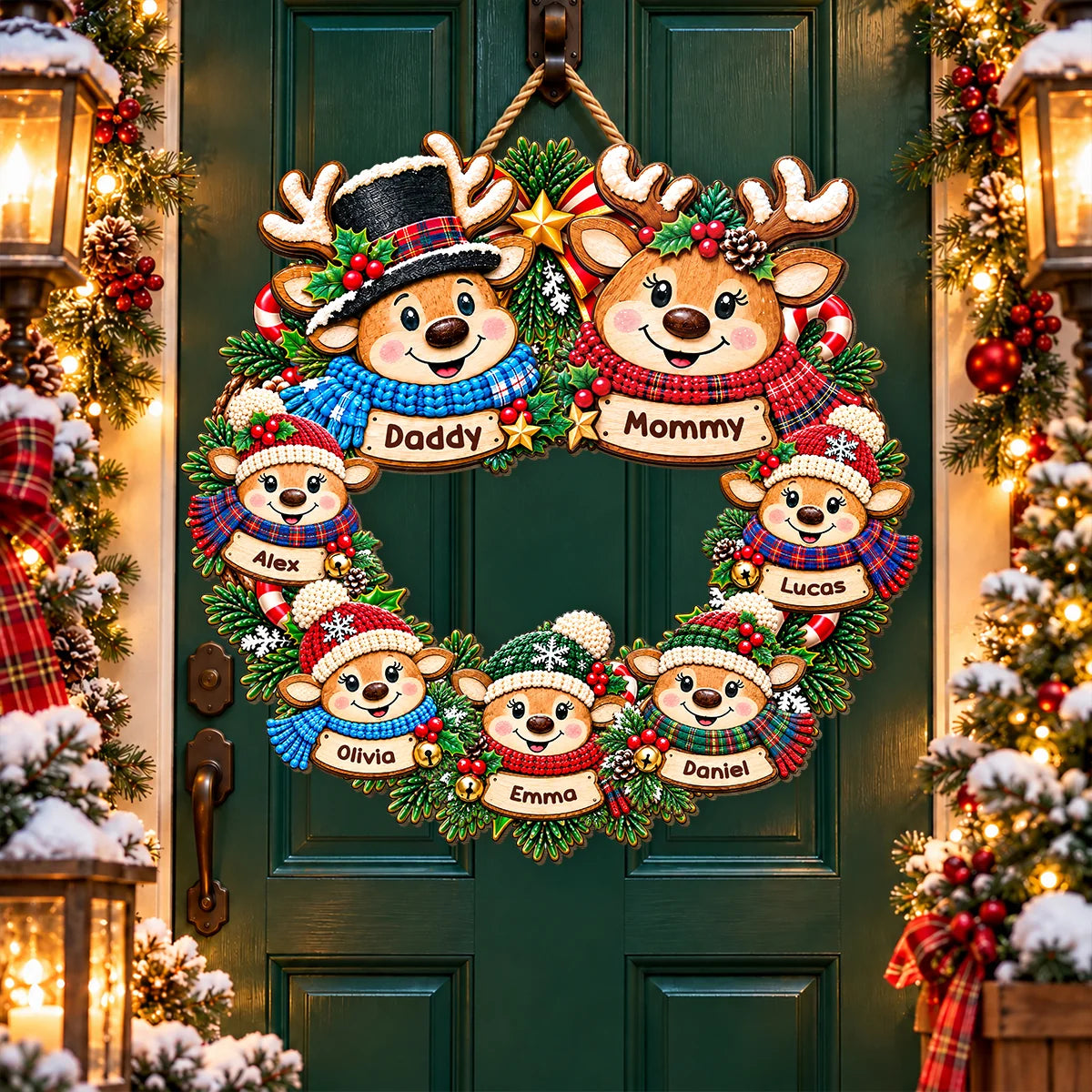 Grandma & Grandpa Reindeer Wreath Personalized Wood Sign - Family Christmas Decor for Grandparents