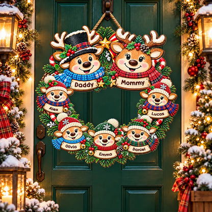 Grandma & Grandpa Reindeer Wreath Personalized Wood Sign - Family Christmas Decor for Grandparents