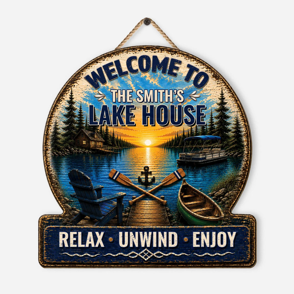 Personalized lake house wood sign featuring sunset lake view and custom family name for rustic wall decor