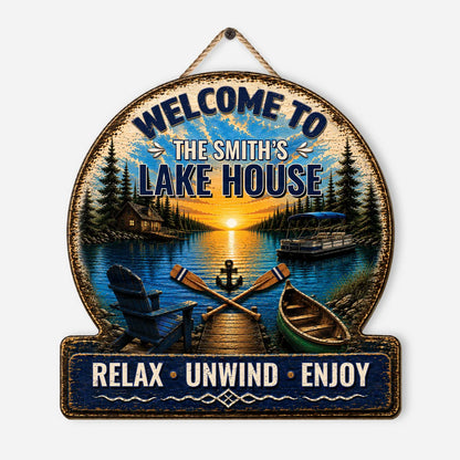 Personalized lake house wood sign featuring sunset lake view and custom family name for rustic wall decor