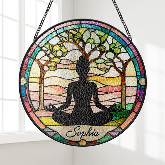 Zen Meditating Tree of Life Personalized Yoga Glass Suncatcher - Custom Gift for Yoga Lovers