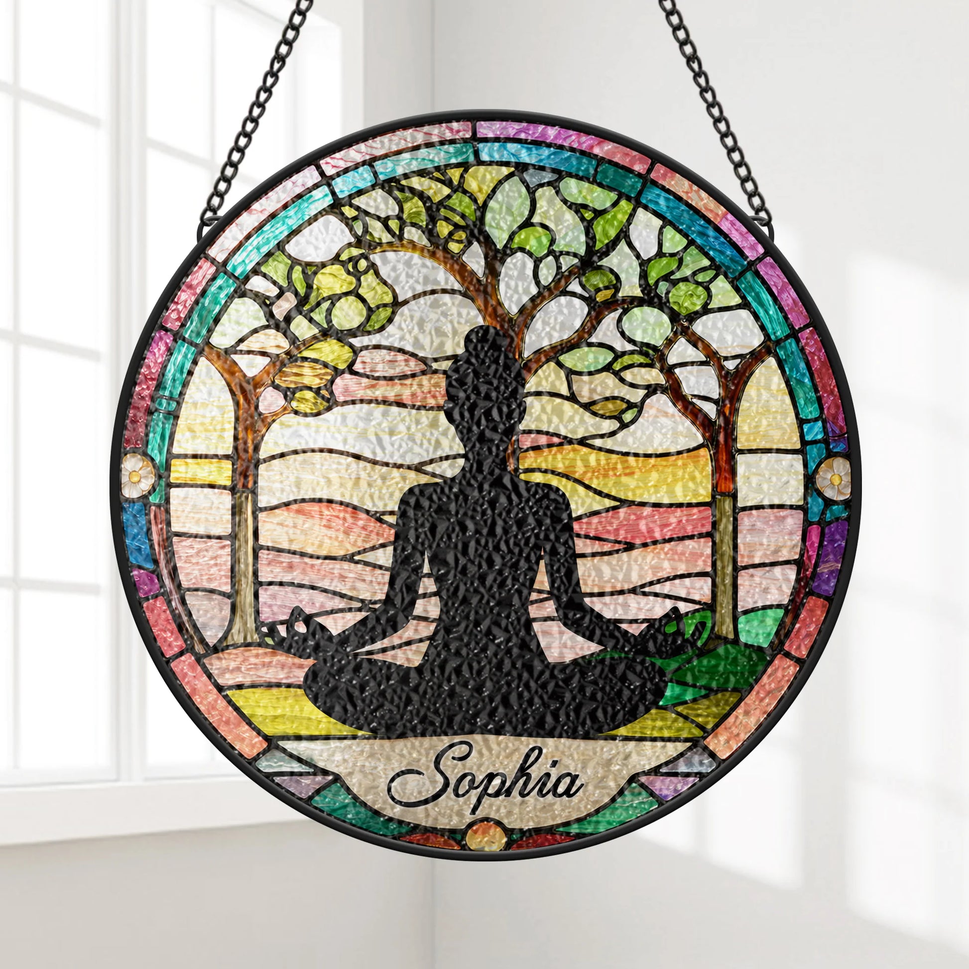Zen Meditating Tree of Life Personalized Yoga Glass Suncatcher - Custom Gift for Yoga Lovers