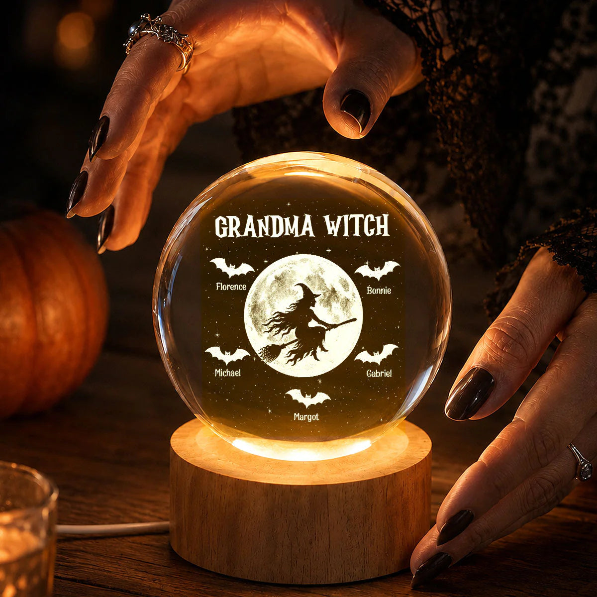 Custom grandma witch night light crystal ball on a wooden base showing a witch flying across a full moon