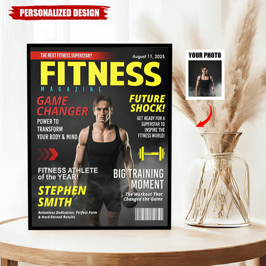 Custom fitness magazine cover poster featuring a personalized photo and name print for gym lover motivation wall art
