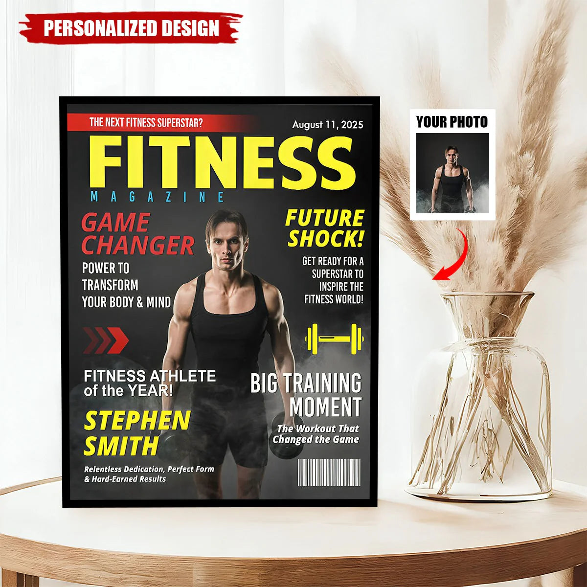 Custom fitness magazine cover poster featuring a personalized photo and name print for gym lover motivation wall art