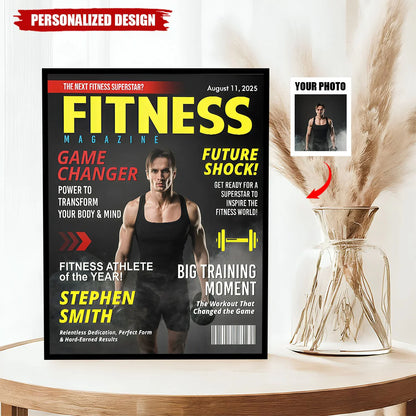 Custom fitness magazine cover poster featuring a personalized photo and name print for gym lover motivation wall art