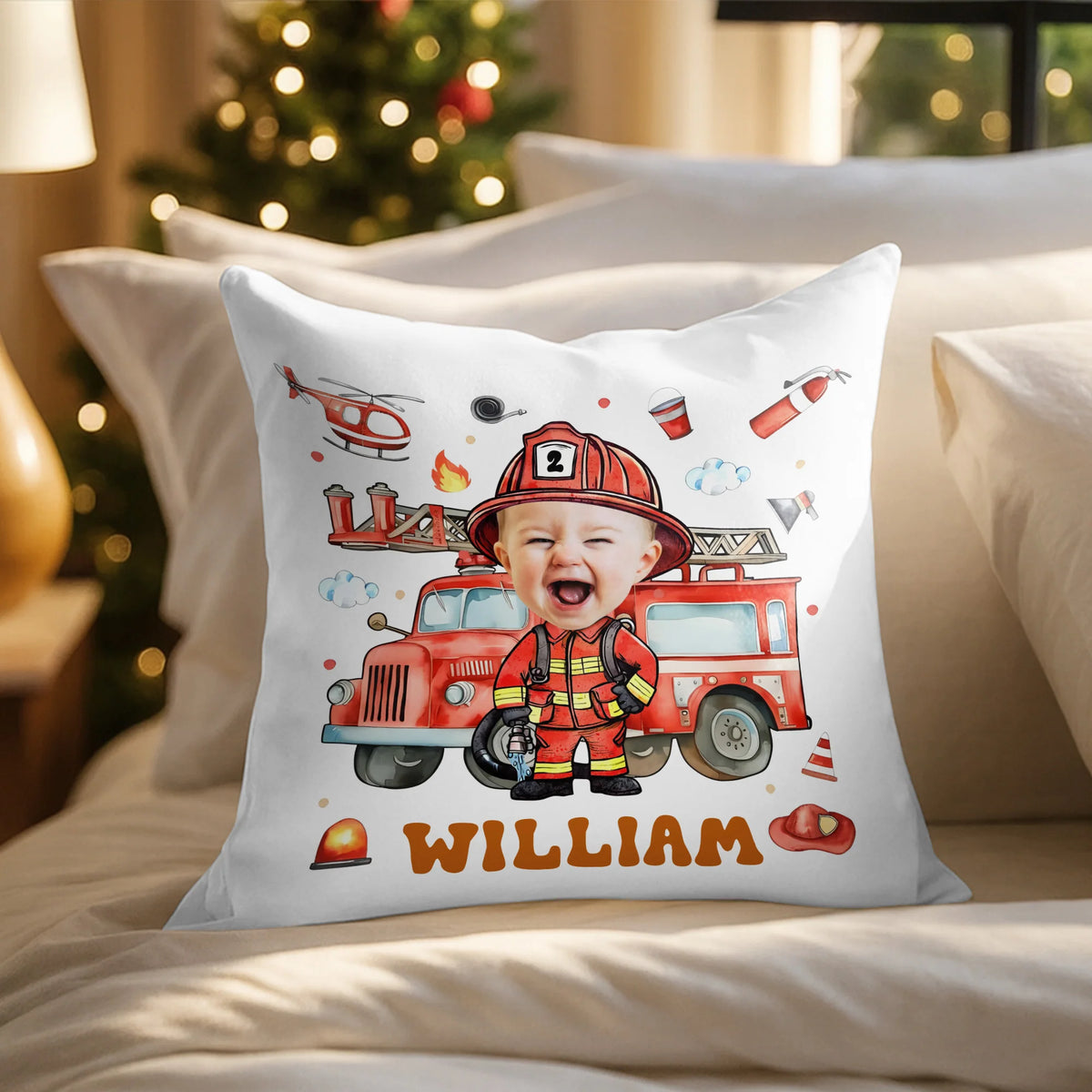 Personalized Firefighter Photo Pillow - Custom Little Heroes Name Throw Pillow Gift for Boys Kids Bedroom Decor