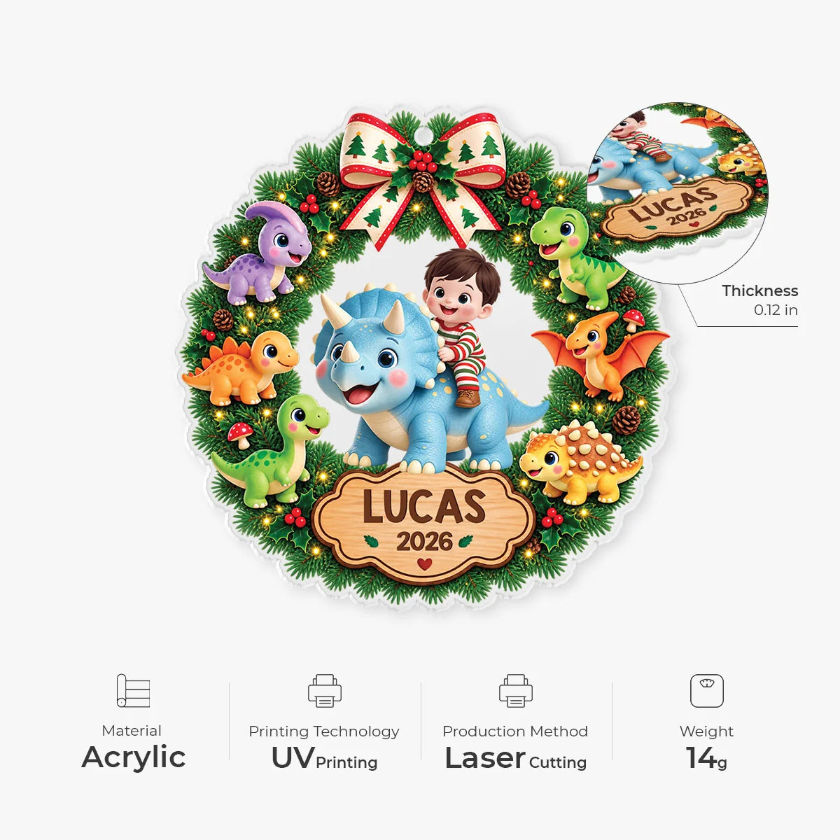 Personalized Dinosaur Christmas Wreath Acrylic Ornament - Custom Name Keepsake Gift for Kids