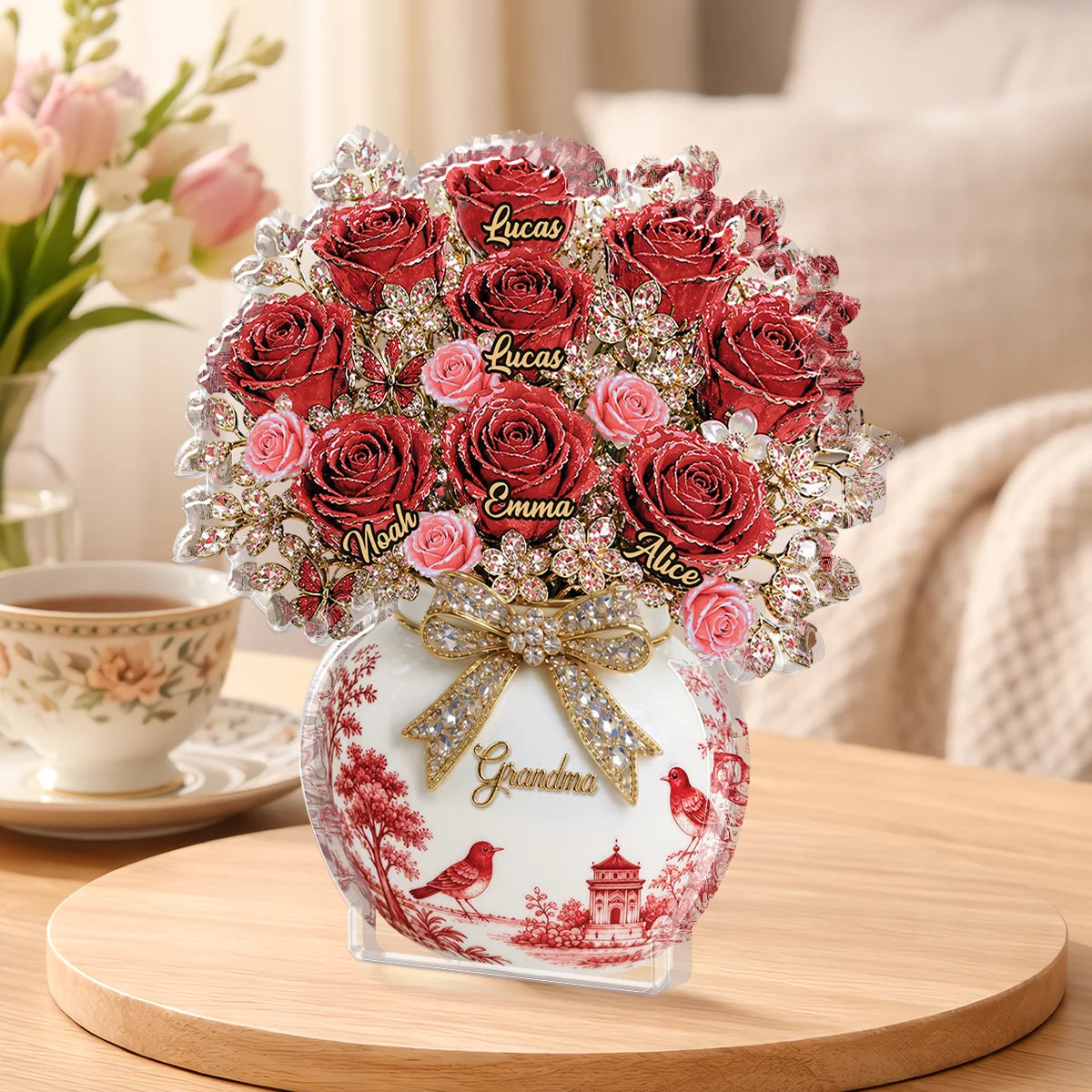 Blue Toile Floral Vase Personalized Acrylic Plaque - Custom Gift for Mom & Grandma