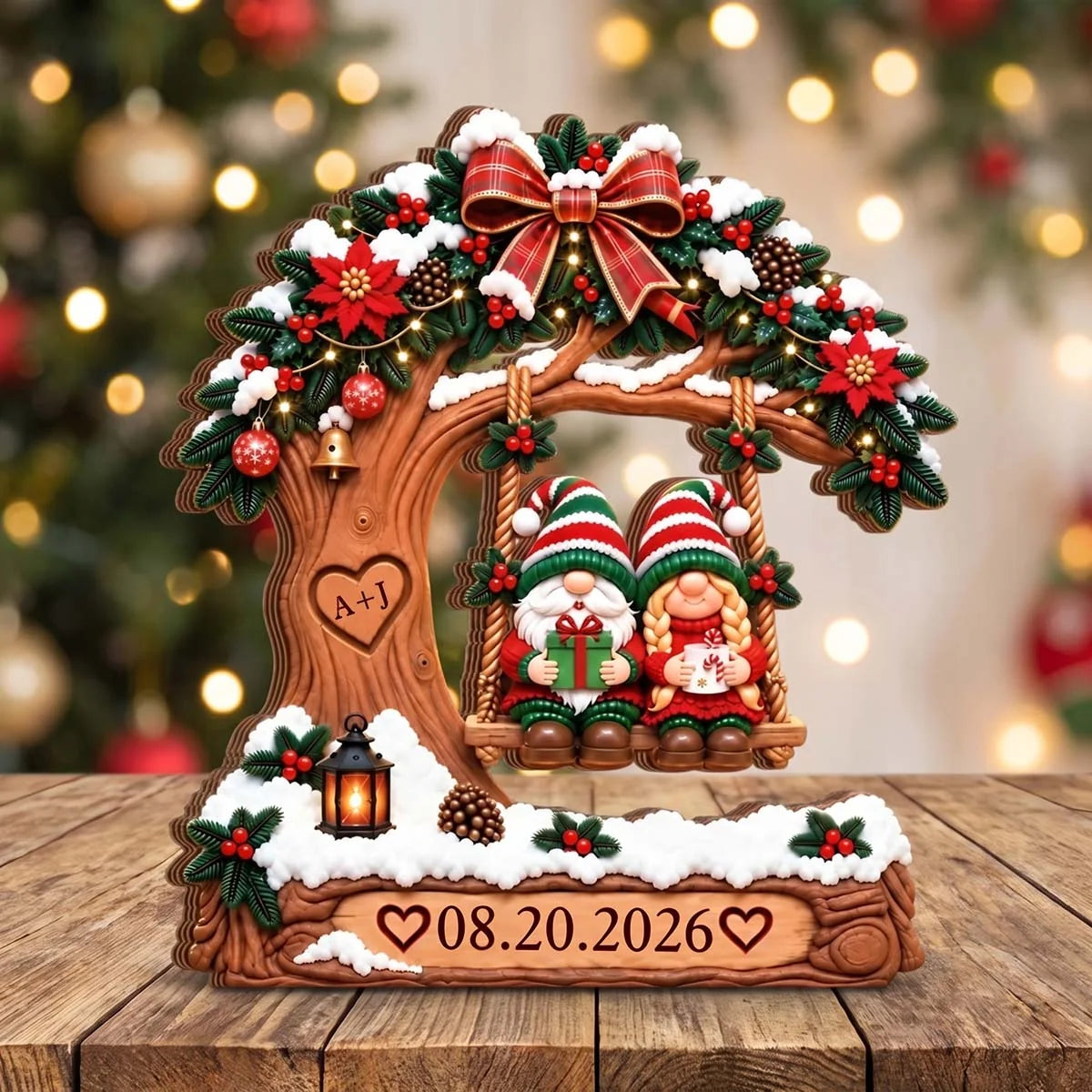 Snowy Tree Swing Personalized Couple Christmas Wooden Block - Romantic Keepsake Decor for Husband and Wife