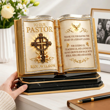 Personalized pastor appreciation gift plaque shaped like an open golden book with a cross and custom minister name image 7