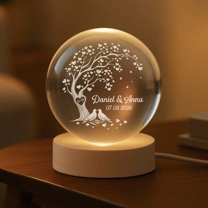 Tree Heart Custom Crystal Ball Lamp - Personalized Anniversary Gift for Couple with Names