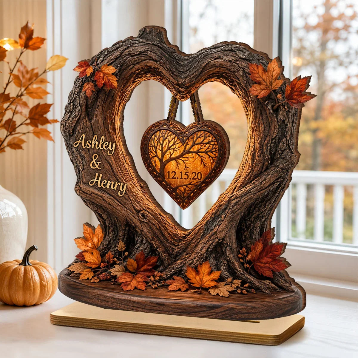 Custom Couple Heart Tree Wooden Plaque - Personalized Fall Season Anniversary Gift