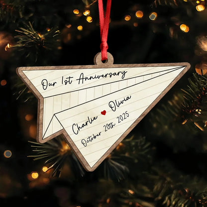 "Our Anniversary" Personalized Paper Airplane Wooden Ornament - Custom Couples Gift