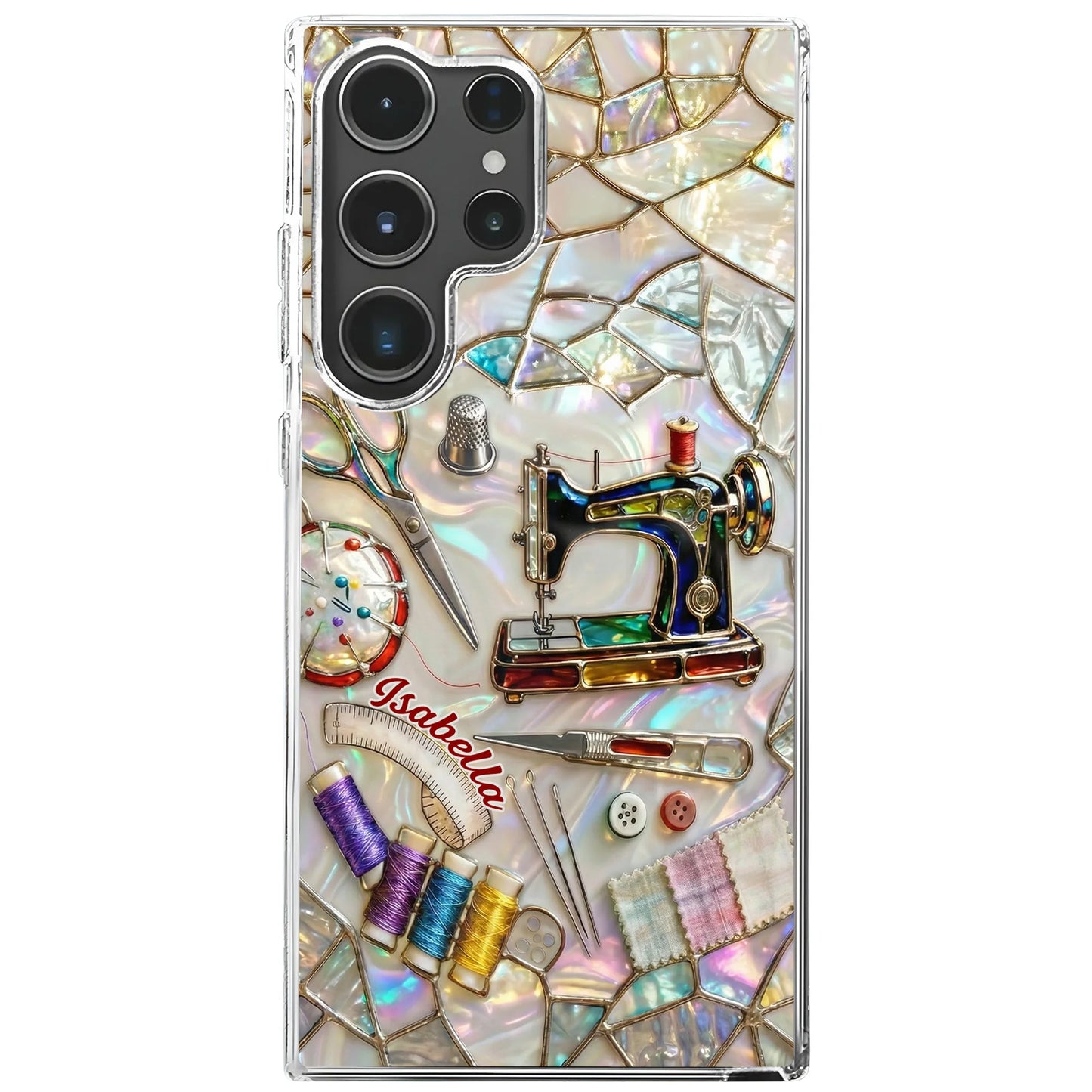 Personalized clear phone case featuring colorful sewing machine and craft design for seamstresses image 10