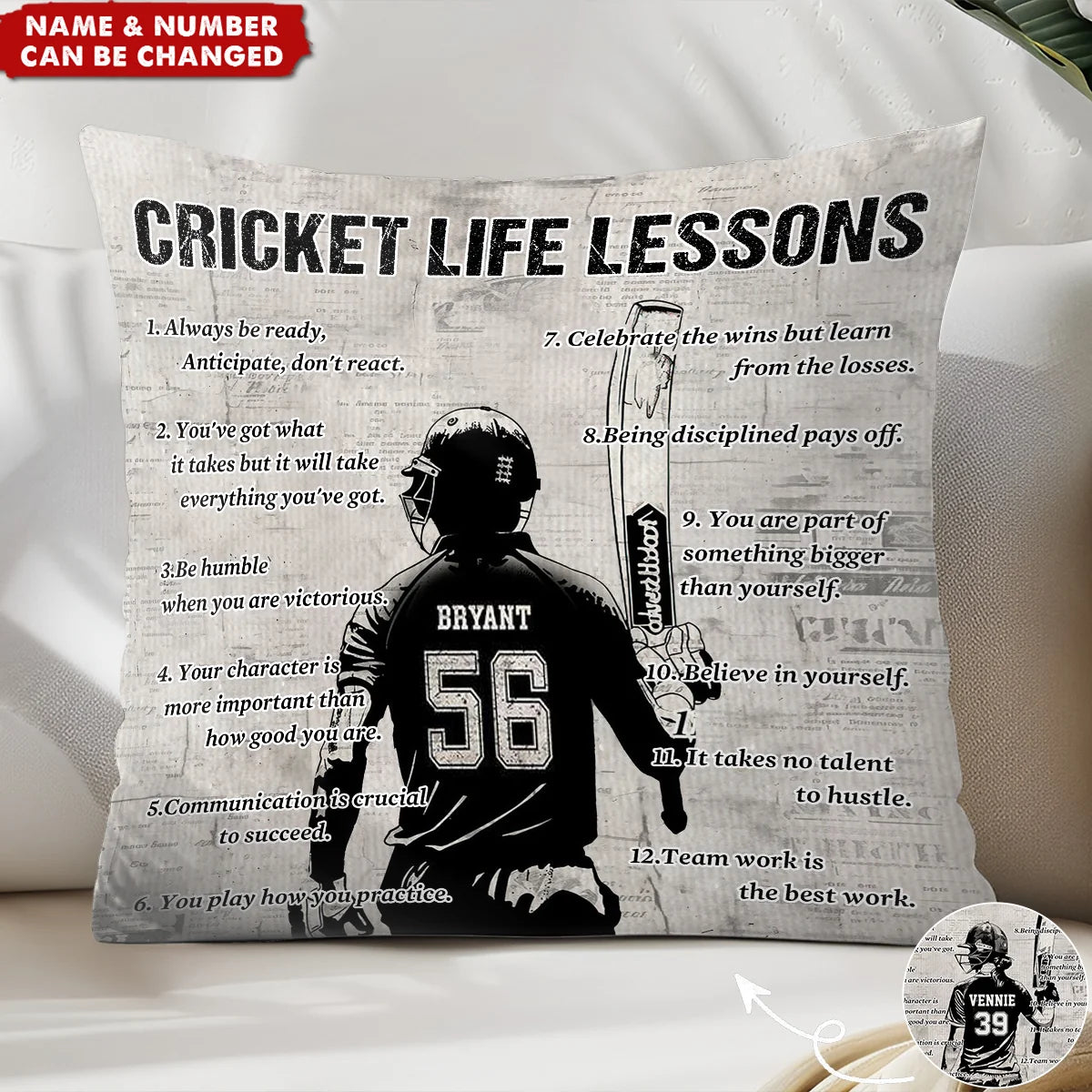 Cricket Life Lessons Personalized Pillow - Custom Name & Number Gift for Cricket Lovers