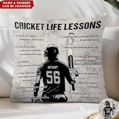 Cricket Life Lessons Personalized Pillow - Custom Name & Number Gift for Cricket Lovers