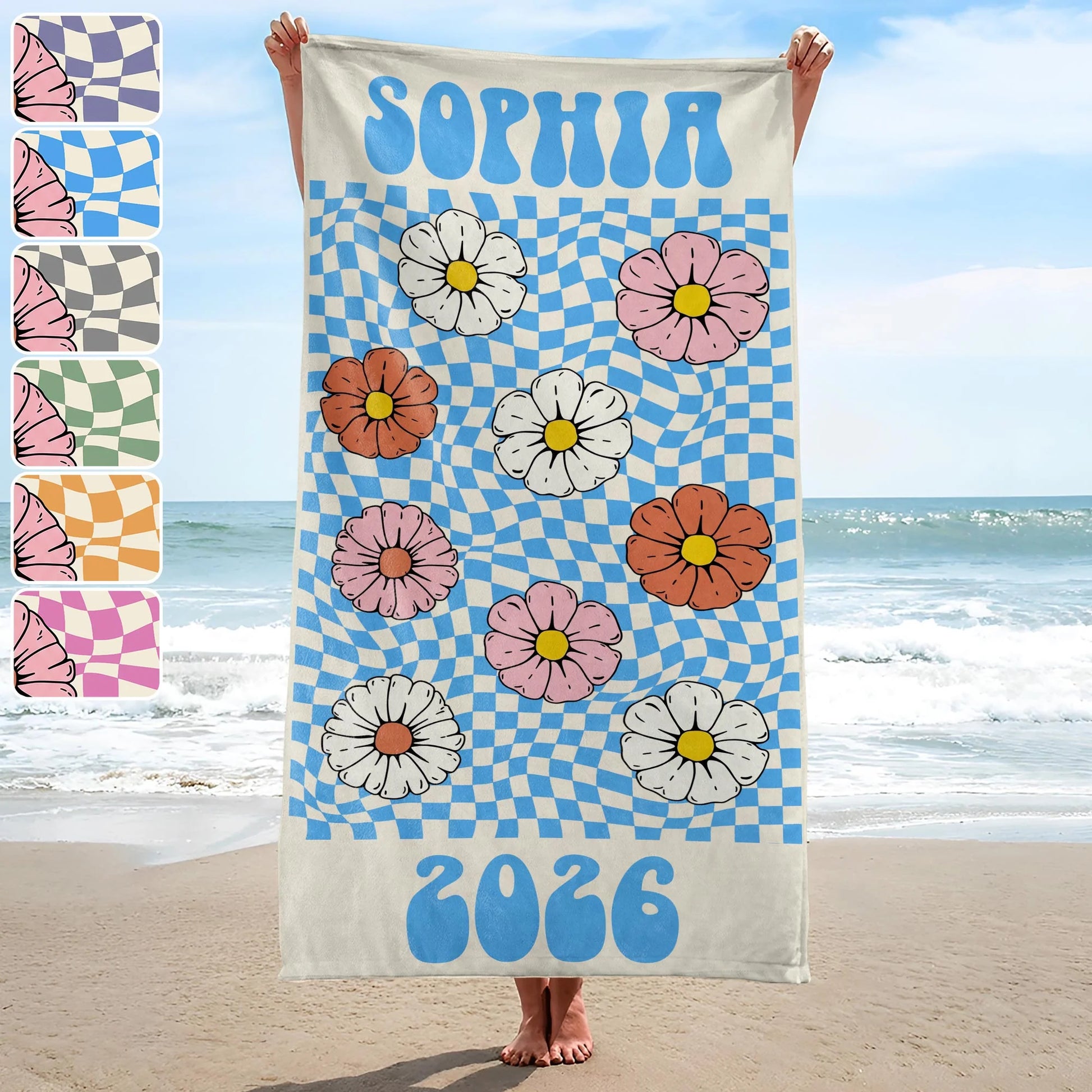 Personalized Retro Flowers Beach Towel personalization view for Best Friends