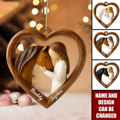 Girl and Her Horse Heart Personalized Wooden Ornament - Christmas Keepsake for Daughter & Horse Lovers
