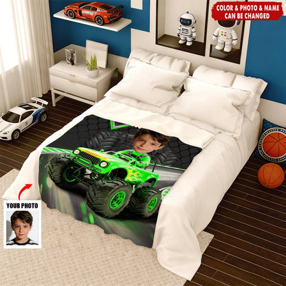 Custom Monster Truck Photo Blanket - Personalized Race Car Throw for Kids Birthday Gift