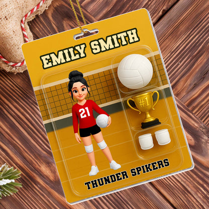 Personalized volleyball player acrylic ornament featuring custom name, number, ball, and trophy for athletes