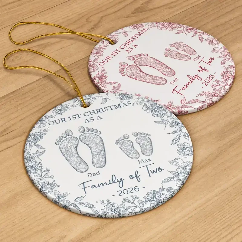 "Our First Christmas As A Family" Personalized Ceramic Ornament - Custom Baby Footprint Holiday Keepsake