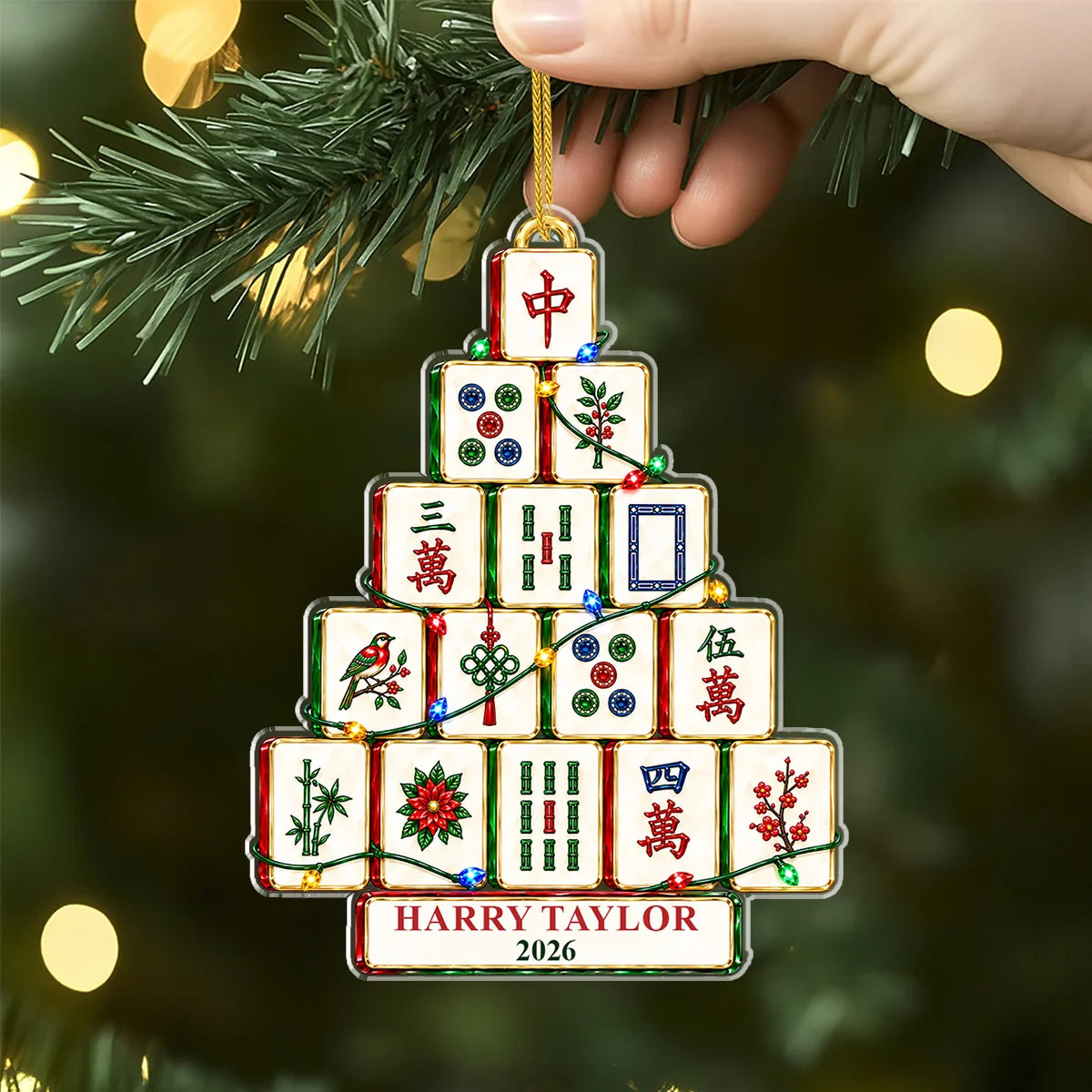 Mahjong Tile Christmas Tree Personalized Acrylic Ornament - Game Lovers Holiday Decor