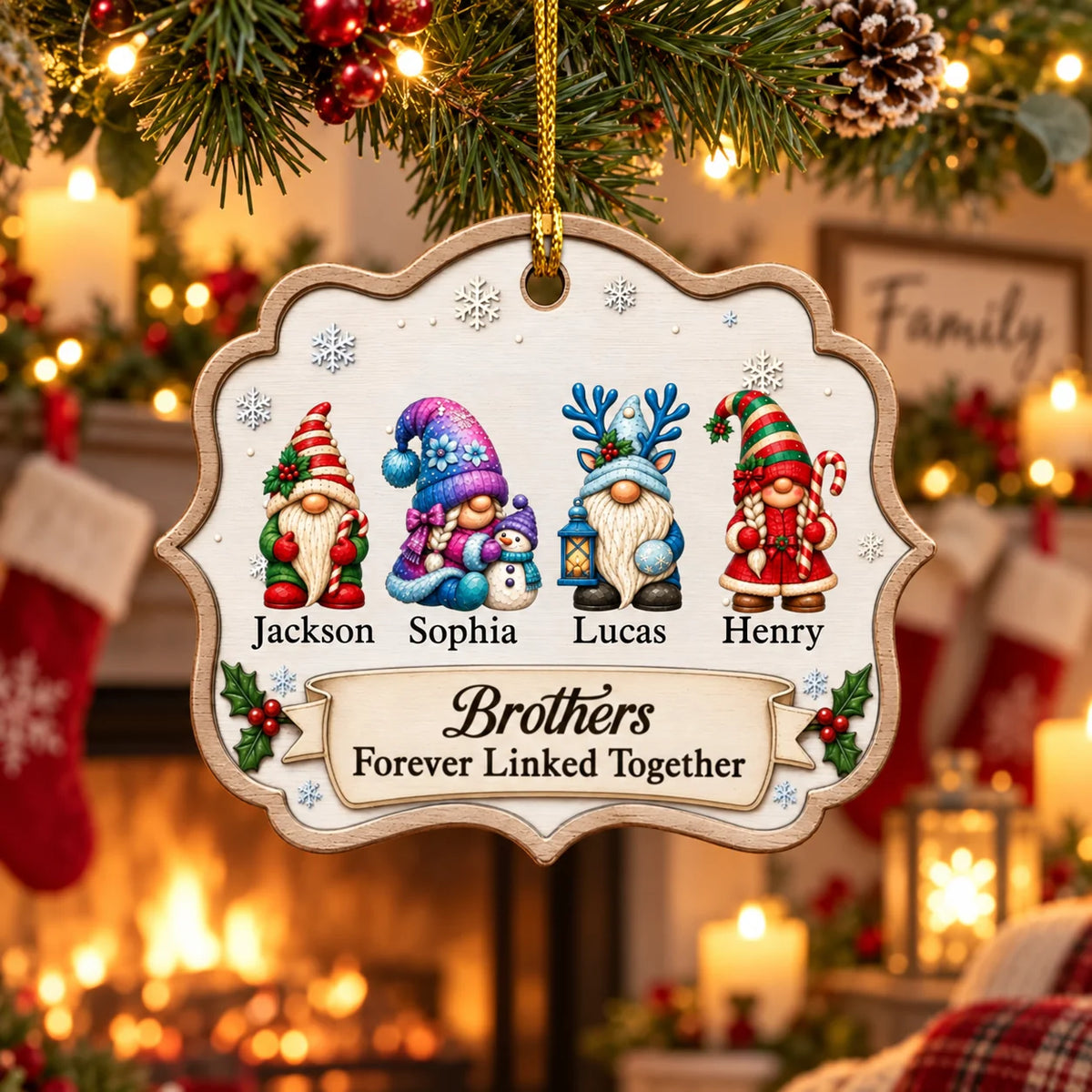 "Forever Linked Together" Personalized Gnome Ornament - Custom Family Keepsake for Sibling