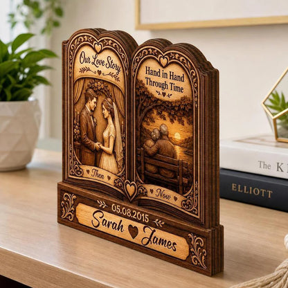 Our Love Story Personalized Wooden Block - Hand in Hand Custom Couple Anniversary Gift for Wife Husband