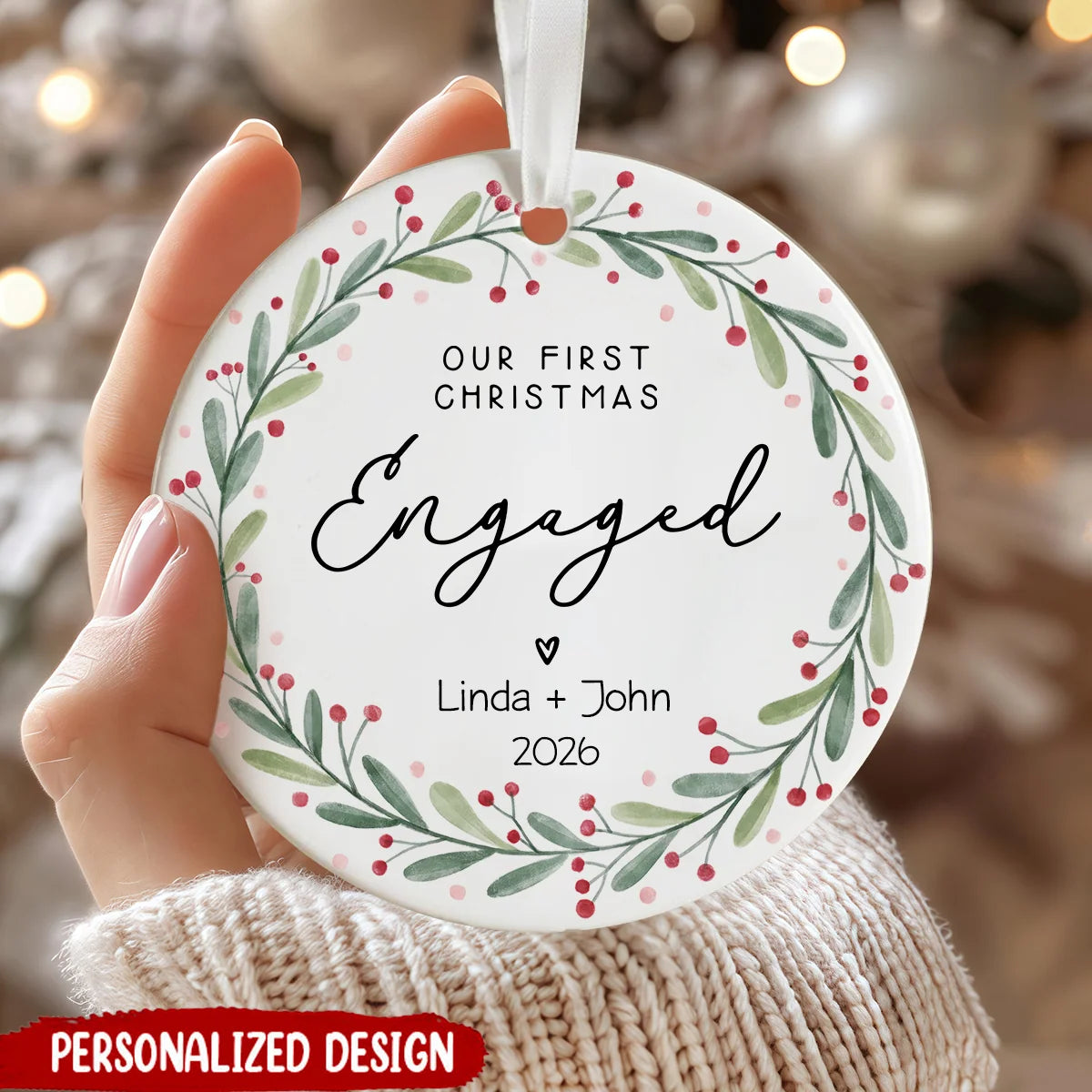 "Our First Christmas Engaged" Personalized Ceramic Ornament - Custom Couples Engagement Keepsake