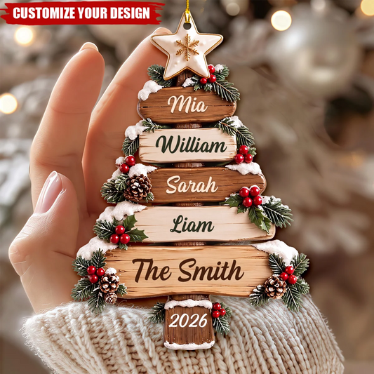 Rustic Stacked Wood Planks Personalized Family Tree Wooden Ornament - Christmas Keepsake Decor for Family