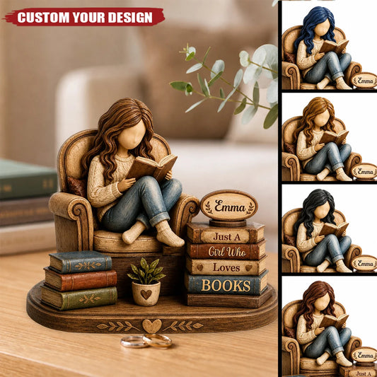 Just A Girl Who Loves Books Personalized Wooden Block - Custom Name Vintage Reader Figurine Gift for Bookworm