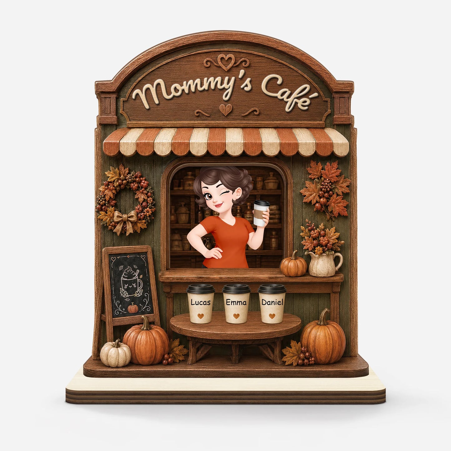 Mommy's Cafe Personalized Wooden Plaque - Custom Kids' Names Fall Decor Gift for Mom and Grandma