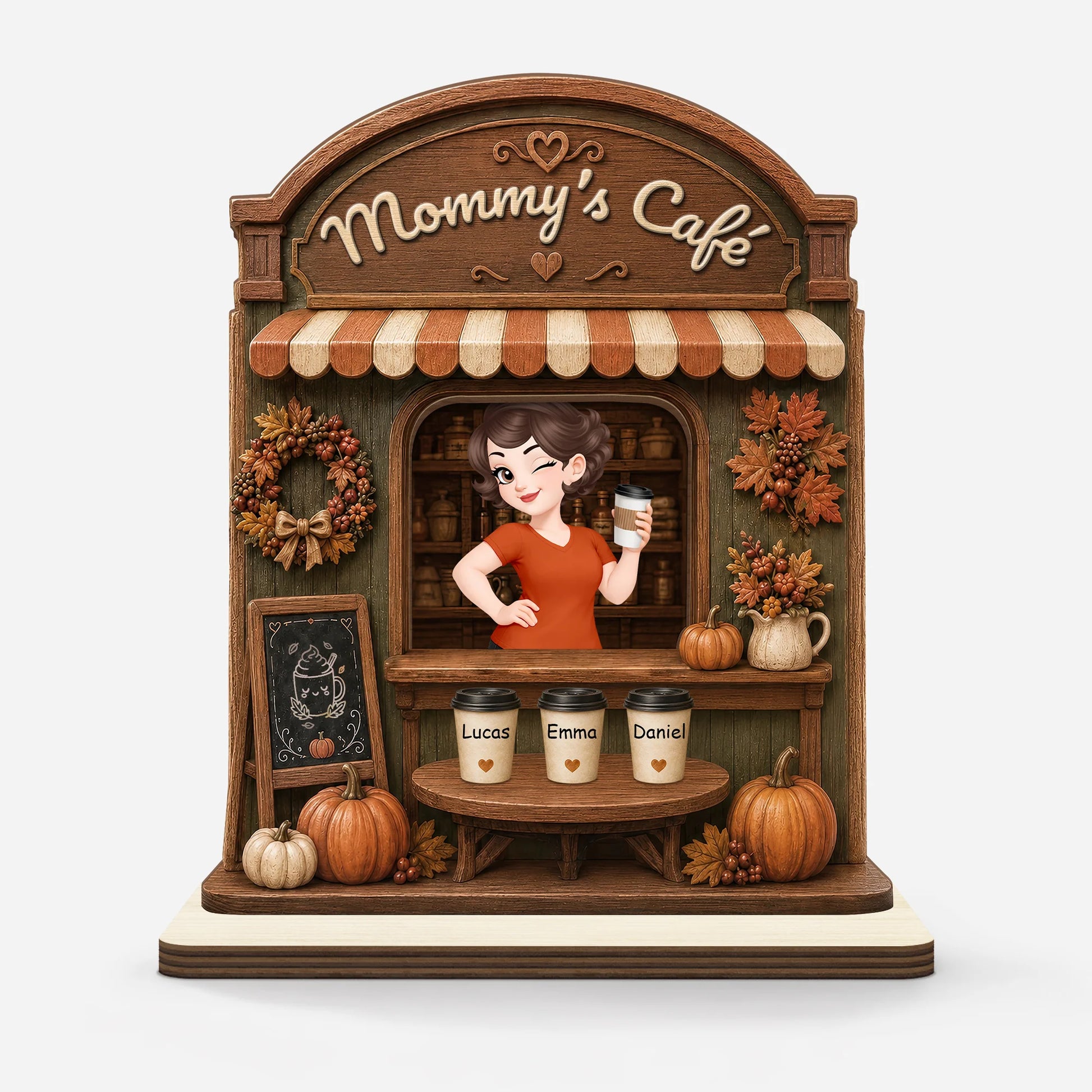 Mommy's Cafe Personalized Wooden Plaque - Custom Kids' Names Fall Decor Gift for Mom and Grandma