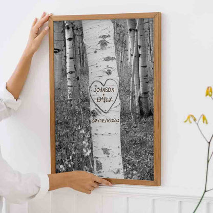 Custom Birch Tree Carving Canvas / Poster Art - Personalized Couple Names Wall Decor for Anniversary